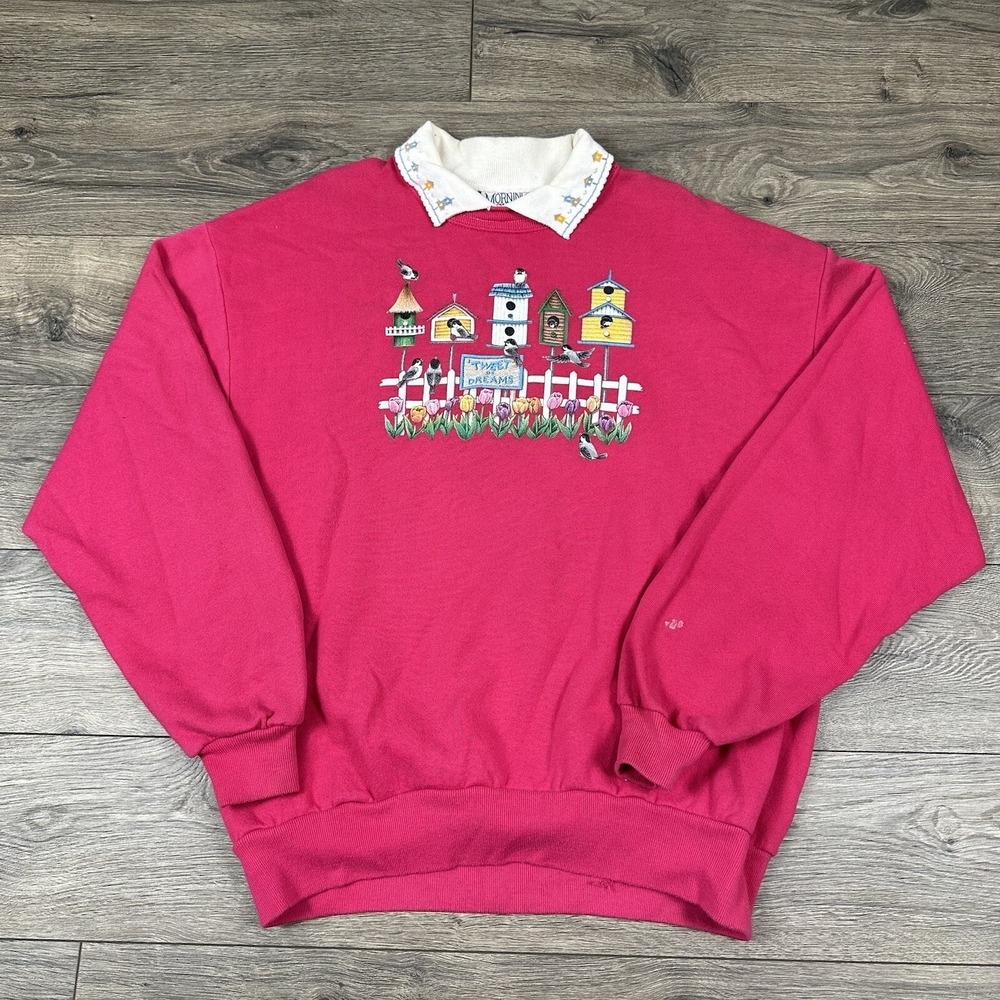 Vintage Morning Sun Bird House Sweatshirt Adult Large Pink Tweet of Dreams